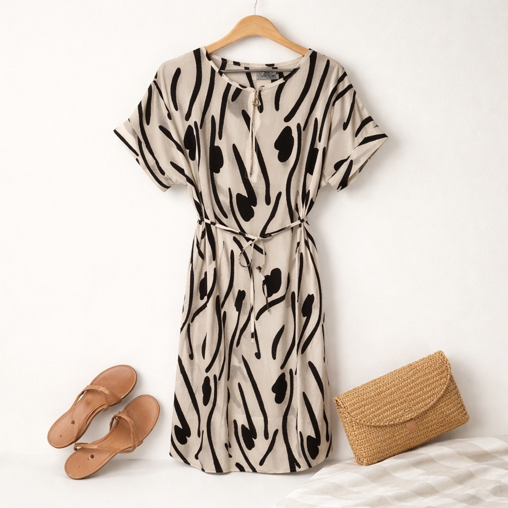 Cherie Bliss Abstract Black White Midi Dress Zip Front Office L